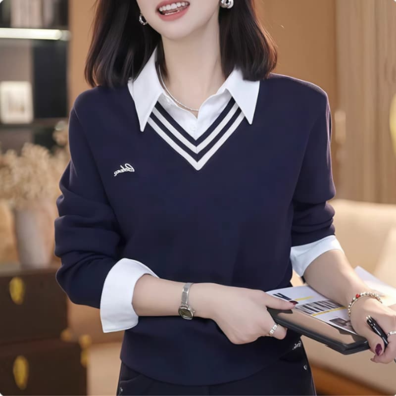 페이크 레이어드 polo 폴로 칼라 긴팔 니트 스웨터 여성 2026 봄 가을 새로운 루즈핏 슬림해 보이는 고급 센스 외국 가스 맨위 상세 이미지 1