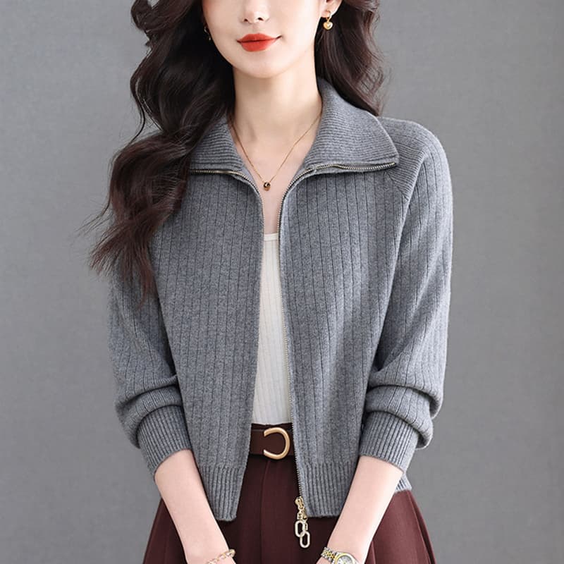 폴로 칼라 카디건 여성 봄 드레스 2026 새로운 작은 키 쇼트 스타일 니트 오픈 가디건 지퍼 스웨터 코트 상세 이미지 3