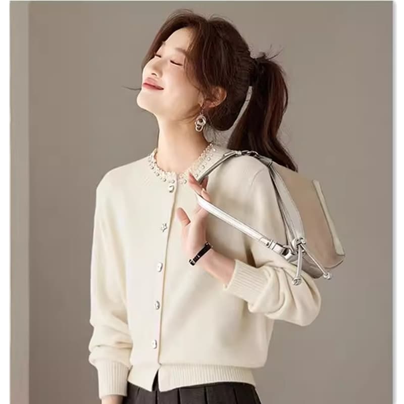 카디건 여성 봄 가을 라운드 넥 니트 스웨터 오픈 가디건 쇼트 스타일 외부 가져 가라. 빨간색 스웨터 코트 이미지 3