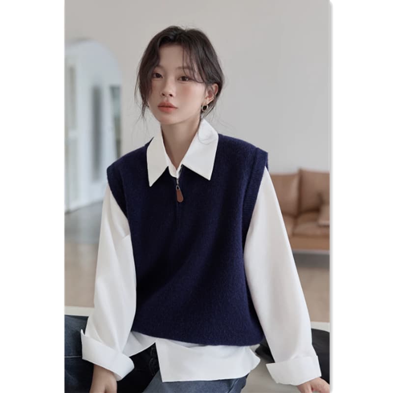회색 니트 조끼 여자 2025 가을 겨울 새로운 작은 대중 다용도 스택 착용 민소매 스웨터 조끼 이미지 2
