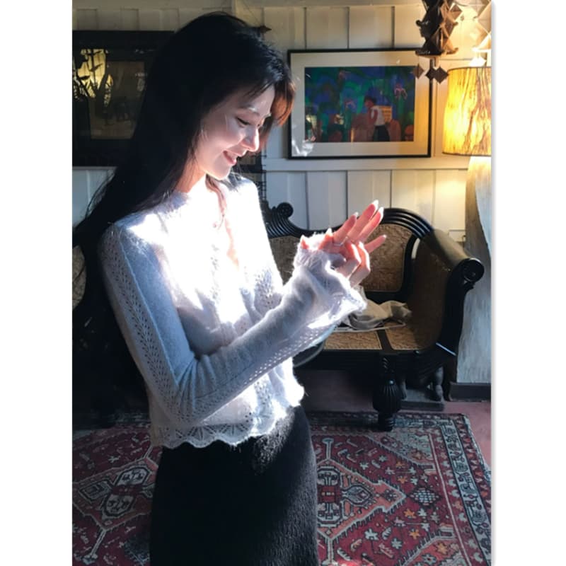 원사 업그레이드 부드럽다 아기 낙타 털 양모 홀로우 아웃 레이스 오픈 가디건 상세 이미지 2