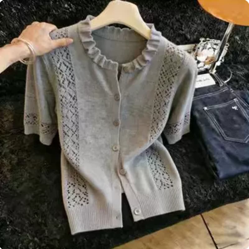 지방 mm 레트로 chic 외국 가스 라운드 넥 반팔 니트 오픈 가디건 여성 여름 새로운 슈퍼 잘 생긴 홀로우 아웃 슬림해 보이는 맨위 상세 이미지 1