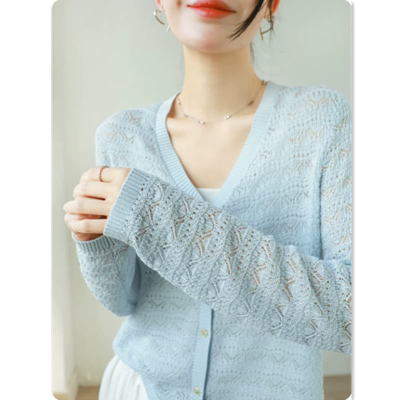 디자인 센스 자수 홀로우 아웃 주간 실크 아마 니트 오픈 가디건 여성 코트 봄 가을 V넥 긴팔 루즈핏 스웨터 화이트 상세 이미지 3