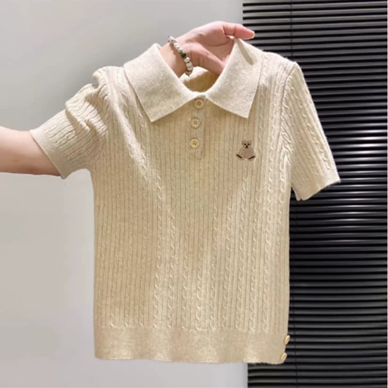 POLO 칼라 니트 반팔 티셔츠 여성 여름 프랑스식 쇼트 스타일 몸매 가꾸기 파란색 긍정적 인 어깨 자수 맨위 이미지 2