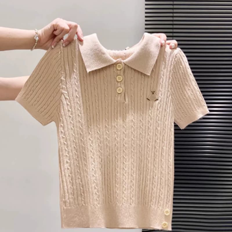 POLO 칼라 니트 반팔 티셔츠 여성 여름 프랑스식 쇼트 스타일 몸매 가꾸기 파란색 긍정적 인 어깨 자수 맨위 이미지 3