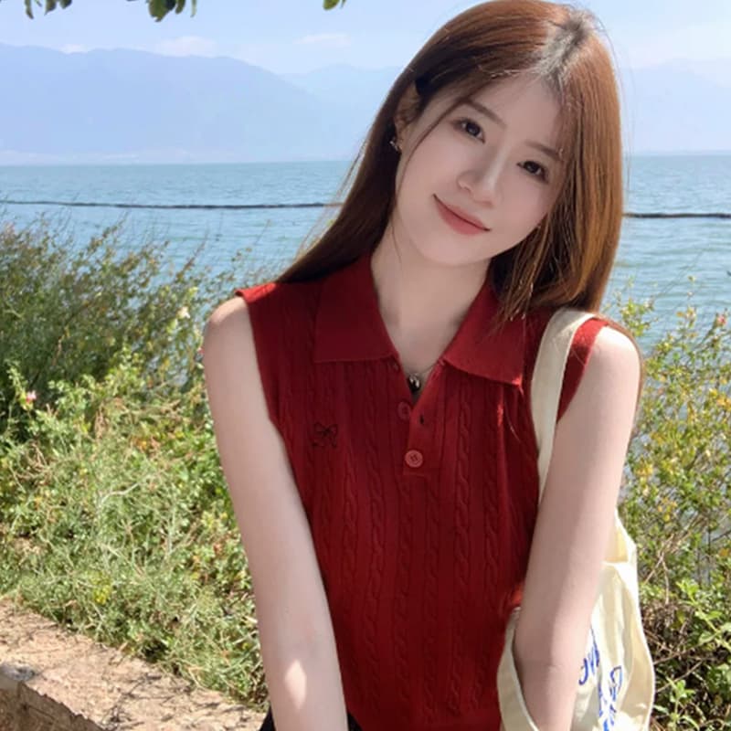 니트 조끼 여성 여름 외출용 2026 새로운 표지 대리인 우유 슬립 인사이드 가져 가라. 민소매 POLO 칼라 맨위 상세 이미지 1