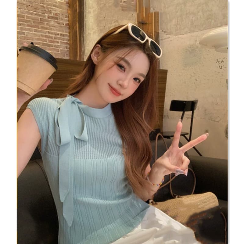 디자인 라운드 넥 몸매 가꾸기 종류 나비 매듭 스트랩 작은 대중 니트 분위기 센스 심지어 어깨 소매