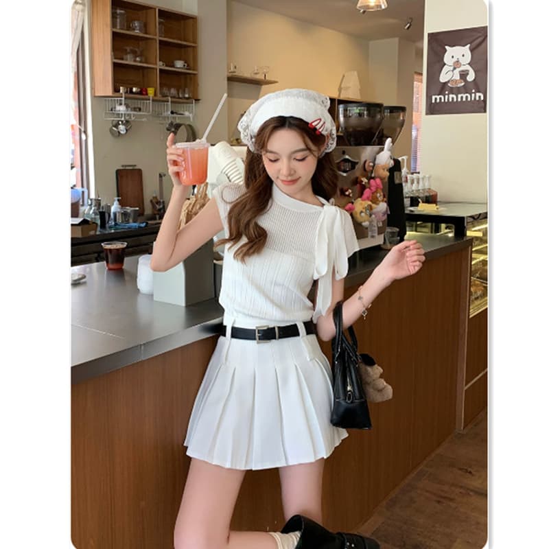 디자인 라운드 넥 몸매 가꾸기 종류 나비 매듭 스트랩 작은 대중 니트 분위기 센스 심지어 어깨 소매 이미지 2