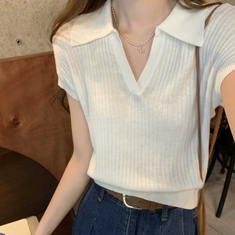 순수한 욕망 POLO 칼라 핫걸 디자인 센스 반팔 맨위 여성 의류 여름 새로운 고유 한 Chic 아름다운 니트 티셔츠