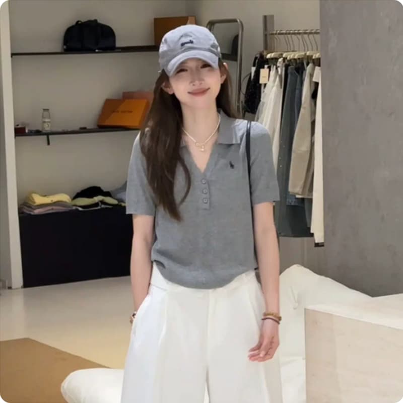 오래된 돈 바람 POLO 칼라 반팔 얼음 실크 니트 스웨터 여성 2026 여름 새로운 캐주얼 자이언트 잘 생긴 느긋한 바람 맨위 이미지 3