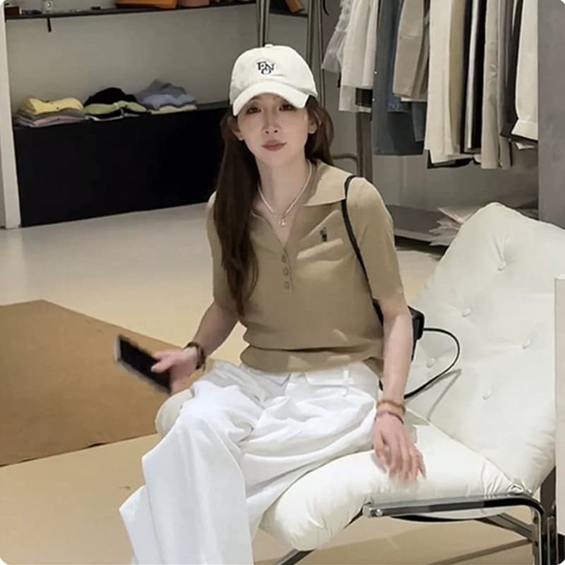 오래된 돈 바람 POLO 칼라 반팔 얼음 실크 니트 스웨터 여성 2026 여름 새로운 캐주얼 자이언트 잘 생긴 느긋한 바람 맨위 상세 이미지 2