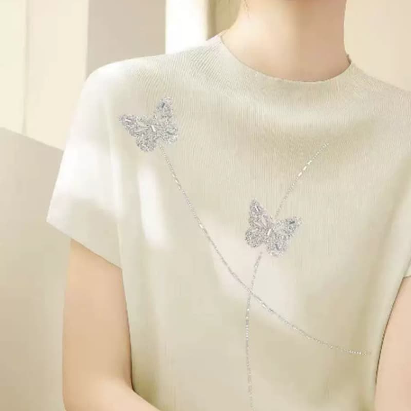 핫픽스 나비 반팔 티셔츠 여성 여름 새로운 얼음 실크 슬림해 보이는 올해 인기 ~ 중 폭발 맨위 상세 이미지 1