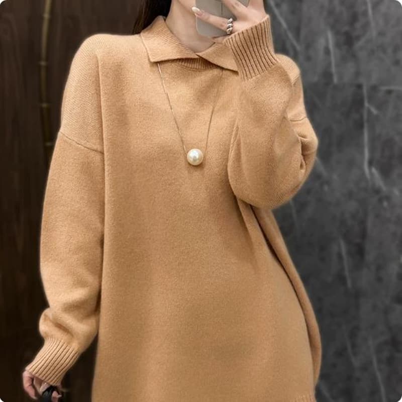 폴로 칼라 빨간색 카디건 여자 중간 롱 코트 두꺼운 루즈핏 느긋한 바람 양모 큰 스웨터 표지 엉덩이 상세 이미지 3