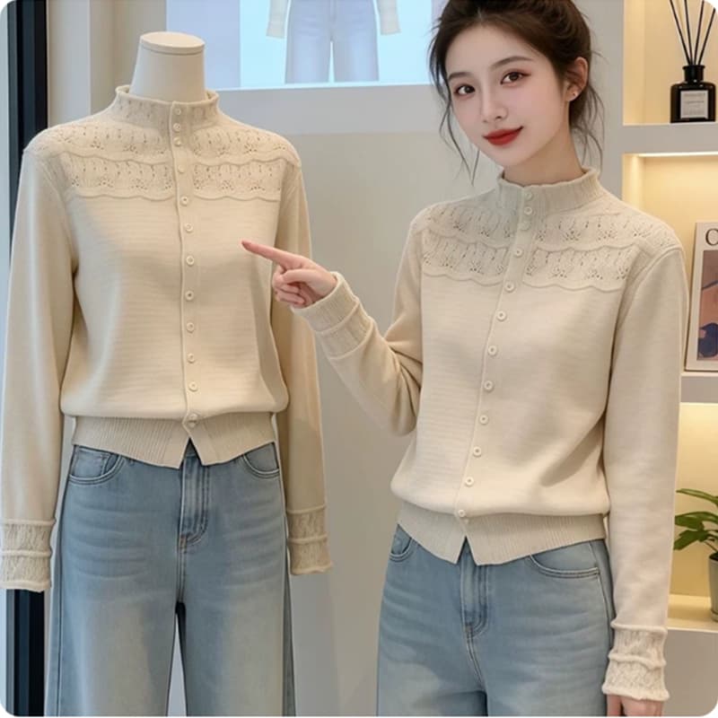 고급 센스 살구 색상 홀로우 아웃 레이스 반하이넥 부드러운 찹쌀 니트 오픈 가디건 여성 가을 부드러운 바람 루즈핏 슬림해 보이는 스웨터