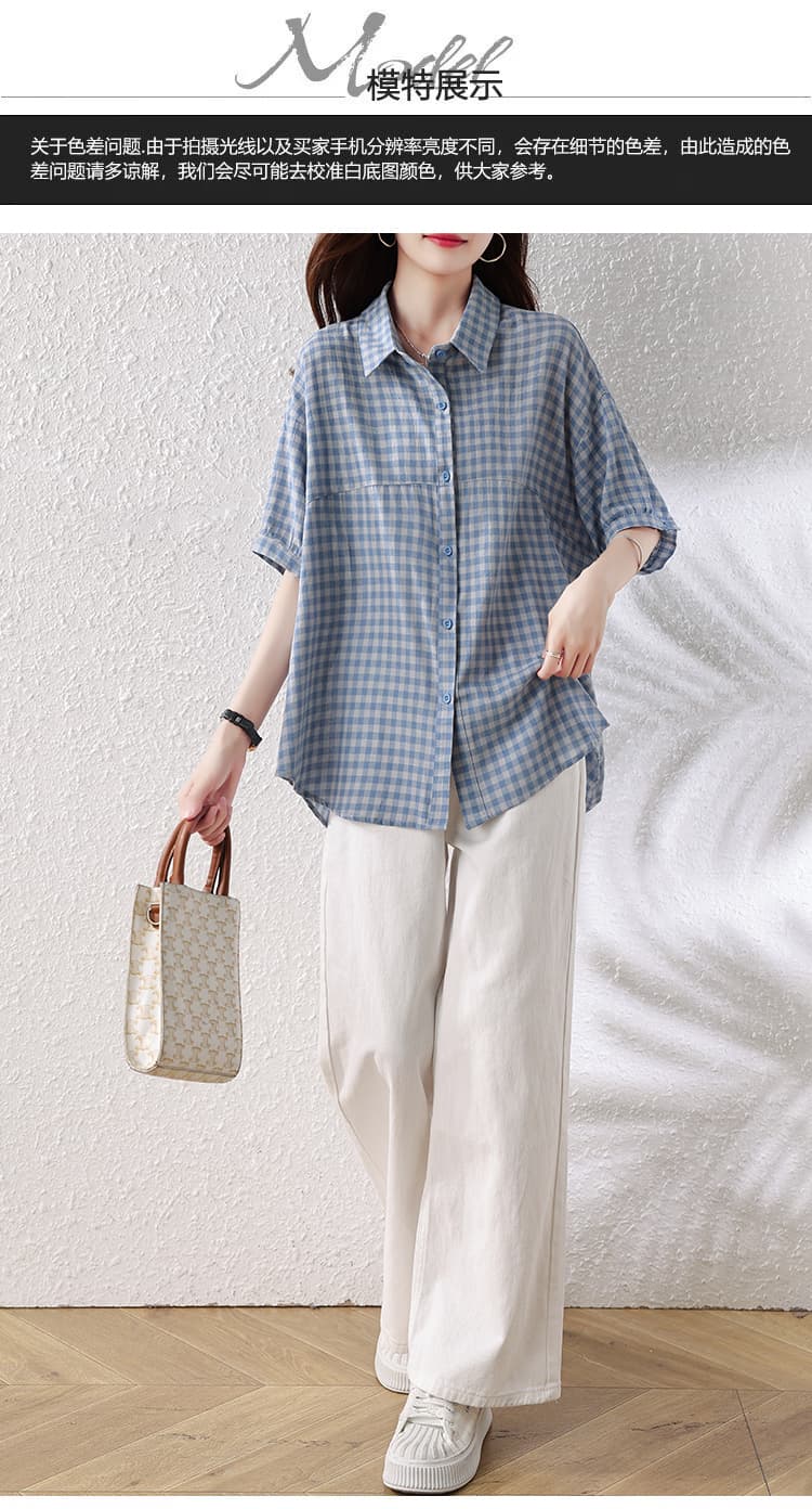 실사 블루 화이트 체크무늬 반팔 여성 셔츠 2026 루즈핏 느긋한 바람 여름 얇은 스타일 빅 사이즈 다용도 폴로 칼라 셔츠 상세 이미지 14
