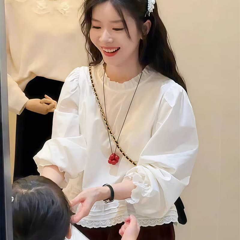 봄 연령 감소 품격 레이스 레이스 라운드 넥 셔츠 루즈핏 어린 소녀 잘 생긴 긴팔 맨위 이미지 4