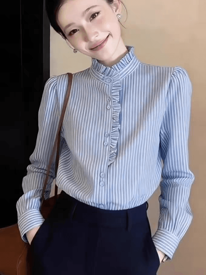스탠드 칼라 프릴 파란색 스트라이프 셔츠 여성 봄 2026 새로운 부드러운 바람 다용도 셔츠 상세 이미지 4