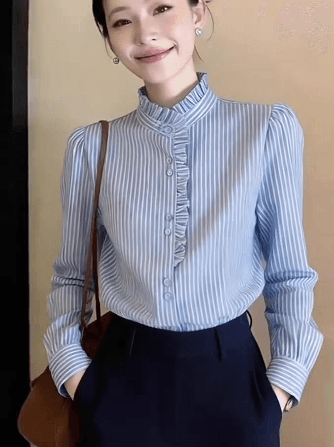 스탠드 칼라 프릴 파란색 스트라이프 셔츠 여성 봄 2026 새로운 부드러운 바람 다용도 셔츠 상세 이미지 5