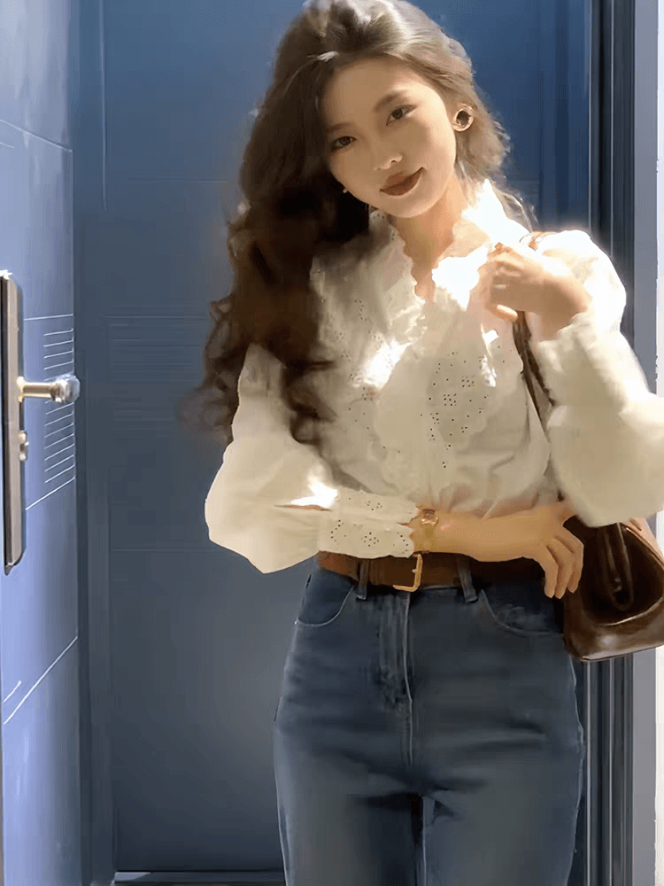 프랑스식 레트로 자수 홀로우 아웃 레이스 긴팔 여성 셔츠 이미지 3