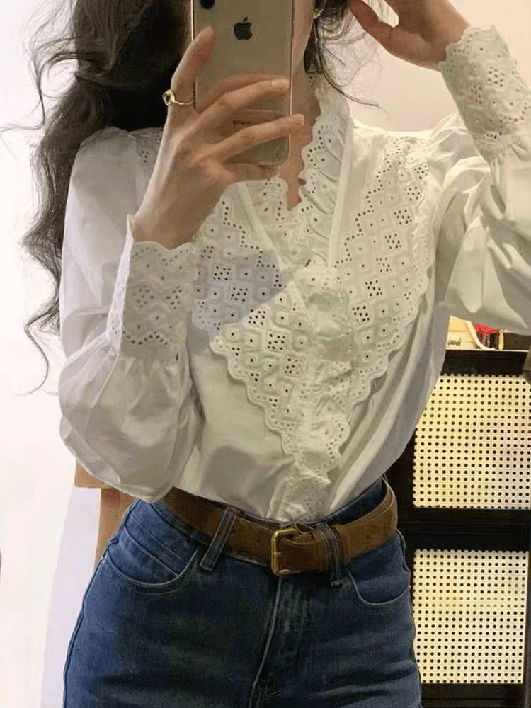 프랑스식 레트로 자수 홀로우 아웃 레이스 긴팔 여성 셔츠 상세 이미지 1
