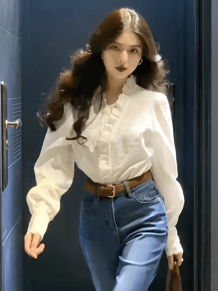 프랑스식 레트로 자수 홀로우 아웃 레이스 긴팔 여성 셔츠 상세 이미지 5