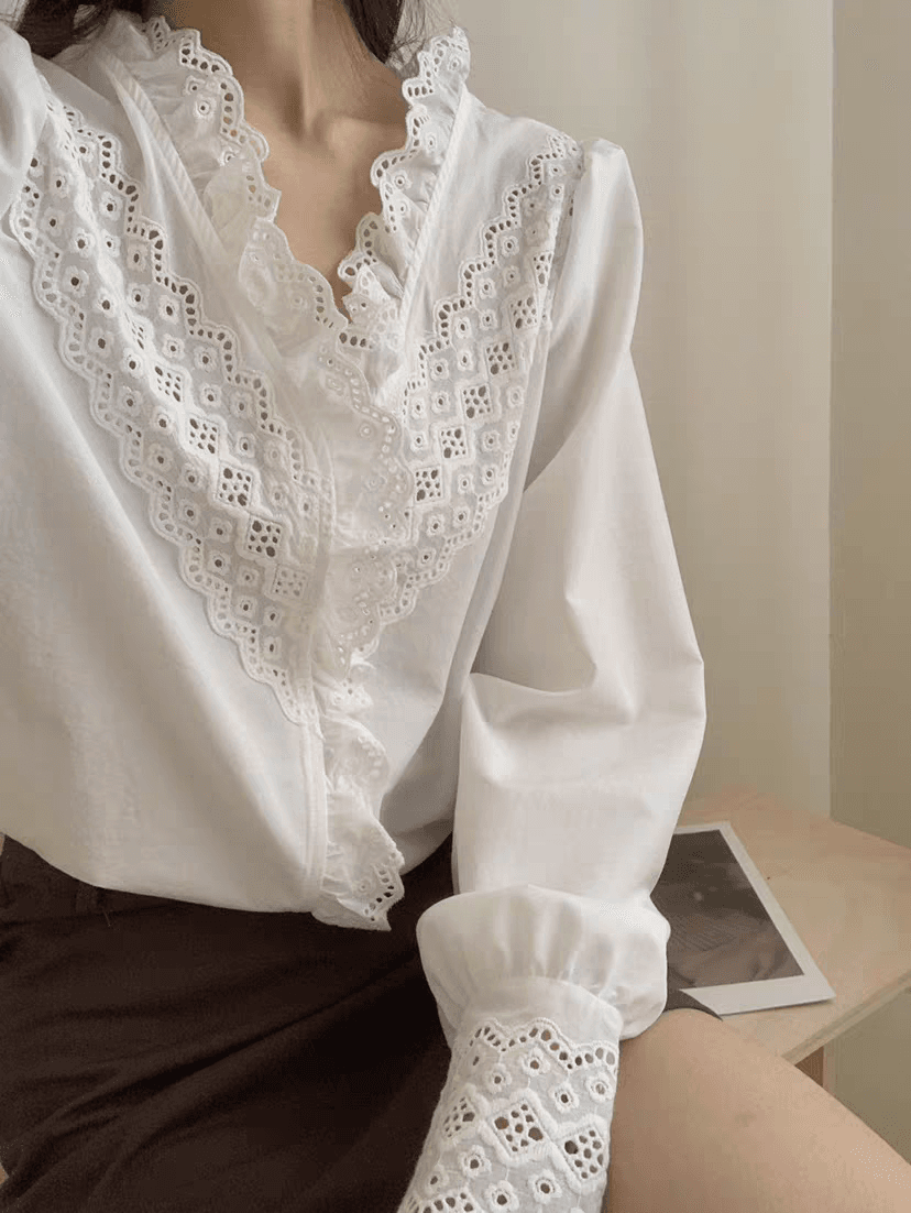 프랑스식 레트로 자수 홀로우 아웃 레이스 긴팔 여성 셔츠 상세 이미지 8