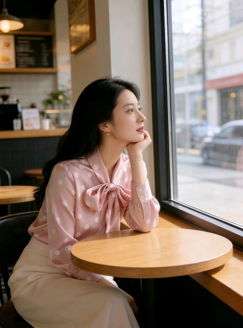 봄 빛 럭셔리 연령 감소 인사이드 가져 가라. 소녀 핑크색 새틴 도트 무늬 레이스 업 셔츠 이미지 3
