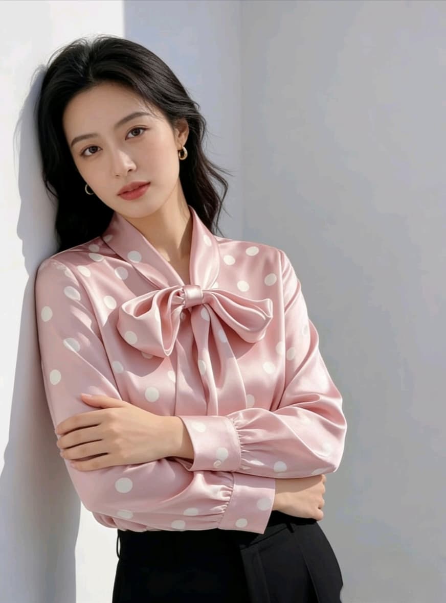 봄 빛 럭셔리 연령 감소 인사이드 가져 가라. 소녀 핑크색 새틴 도트 무늬 레이스 업 셔츠 상세 이미지 8