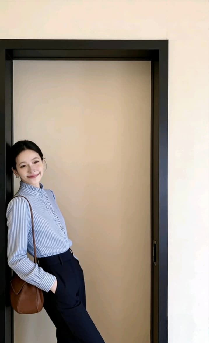 스탠드 칼라 프릴 파란색 스트라이프 셔츠 여성 봄 2026 새로운 부드러운 바람 다용도 셔츠 상세 이미지 1