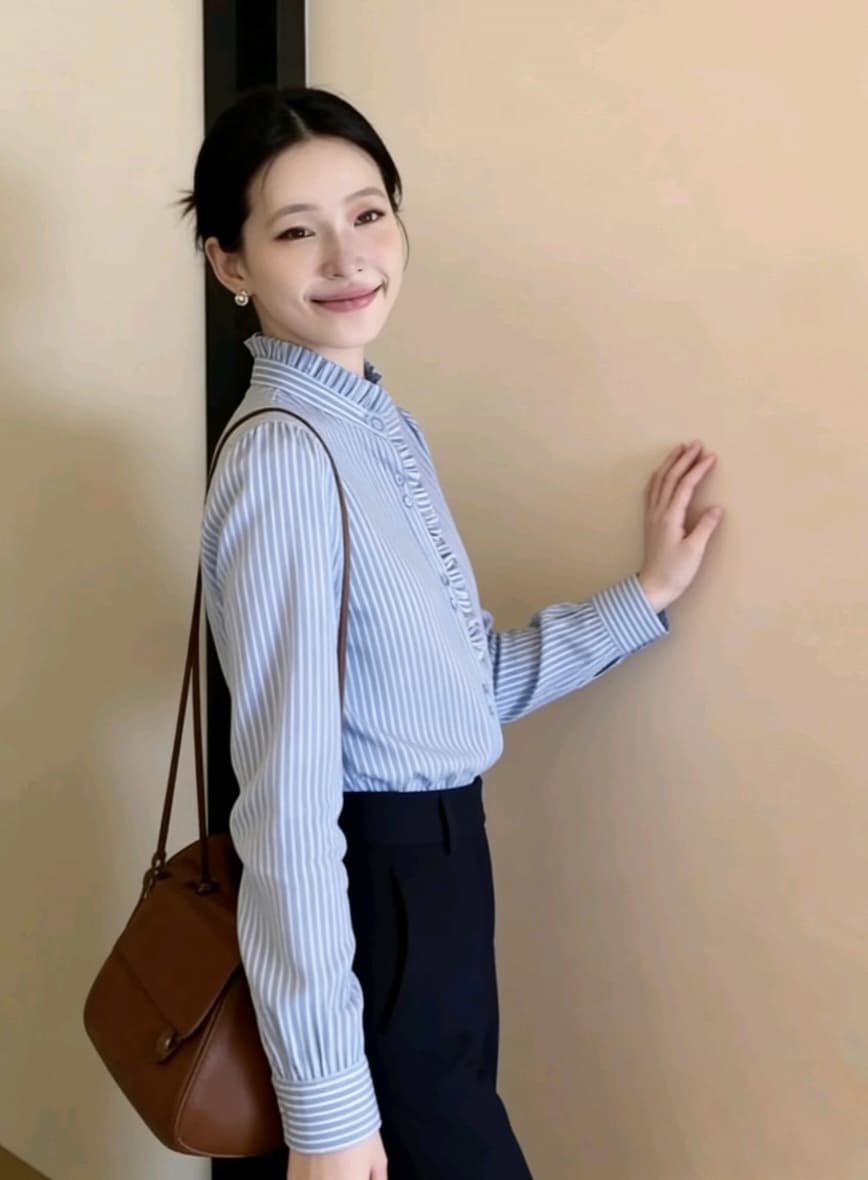 스탠드 칼라 프릴 파란색 스트라이프 셔츠 여성 봄 2026 새로운 부드러운 바람 다용도 셔츠 상세 이미지 3