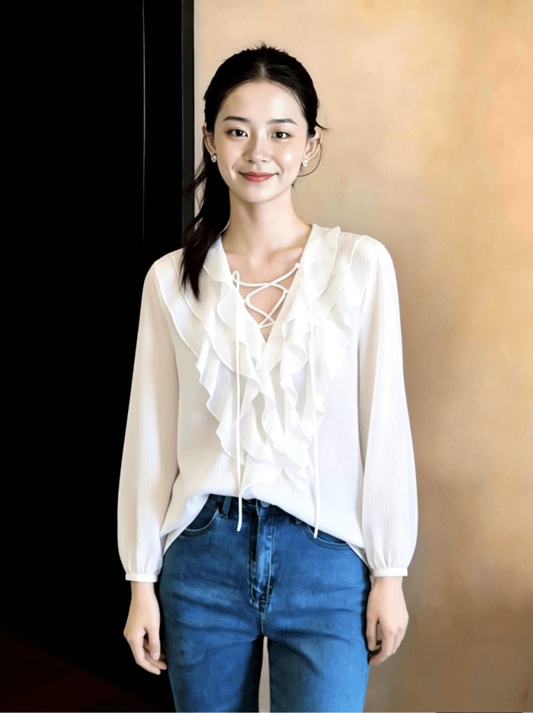 달콤한 스타일 V넥 프릴 긴팔 셔츠 고급 센스 빛 럭셔리 여성 연령 감소 외국 가스 봄 여름 레이스업 루즈핏 맨위 상세 이미지 6