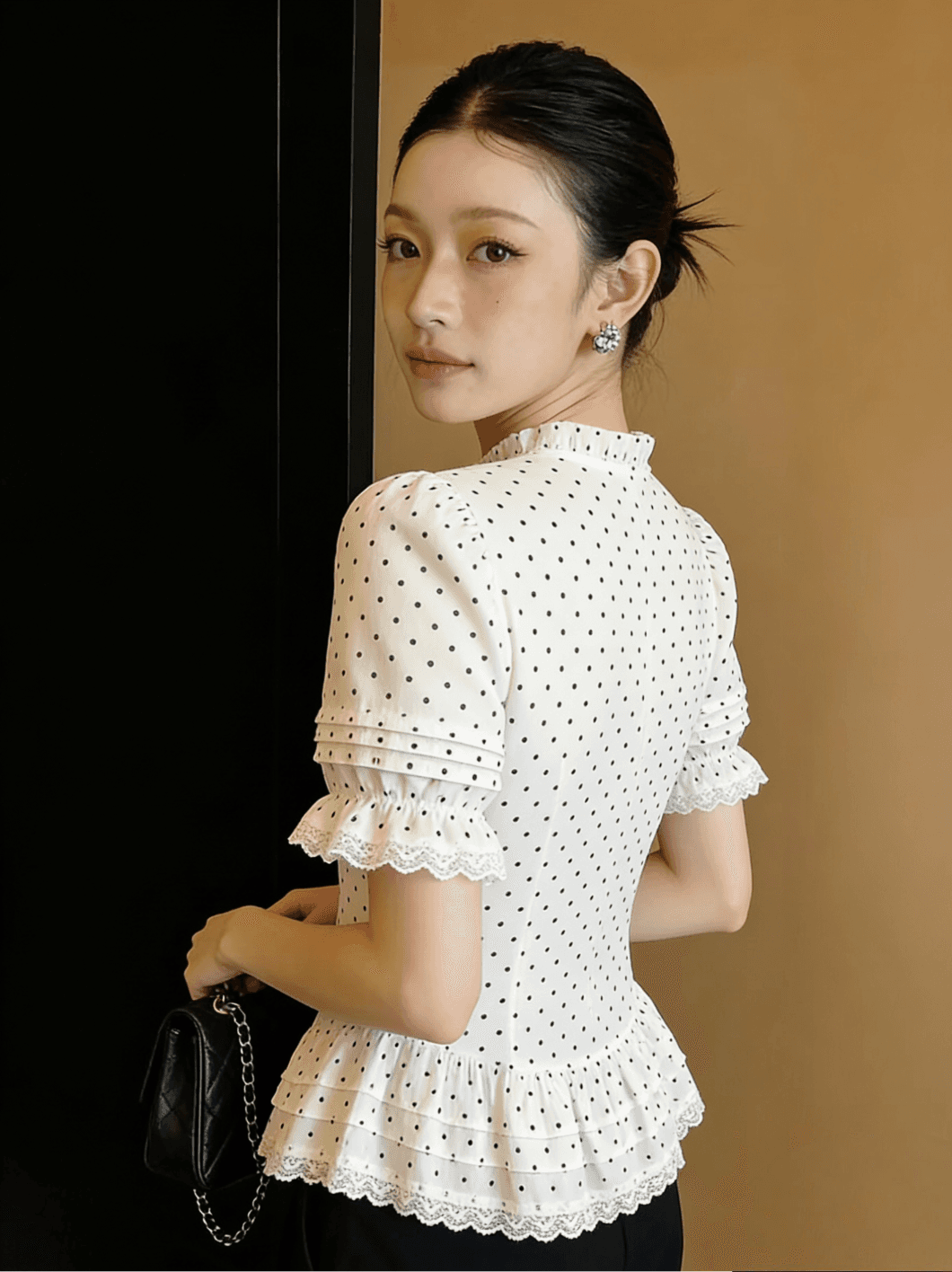 여름 정원 칼라 외국 가스 화이트 레이스 레이스 도트 무늬 반팔 여성 셔츠 새로운 프랑스식 거품 소매 맨위 상세 이미지 2