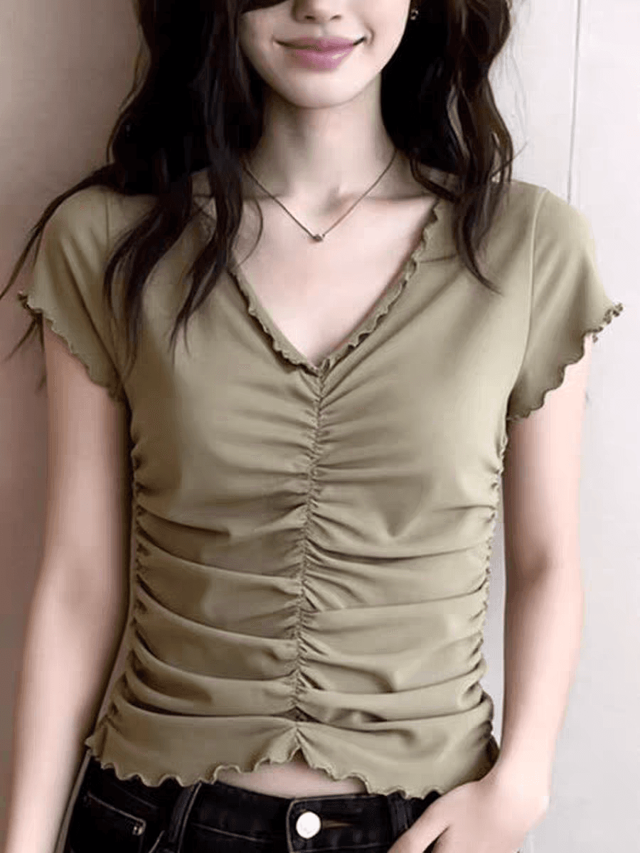 빛 요리 한 핫걸 바람 올리브 그린 주름 티셔츠 2026 여름 새로운 허리 수축 펌프 Pleat 디자인 센스 품격 맨위