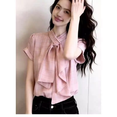 유럽 상품 고급 맞춤 핑크색 체크무늬 빅 사이즈 맨위 여성 2026 여름 새로운 원 웨이 연령 감소 빛 럭셔리 바람 셔츠 상세 이미지 1