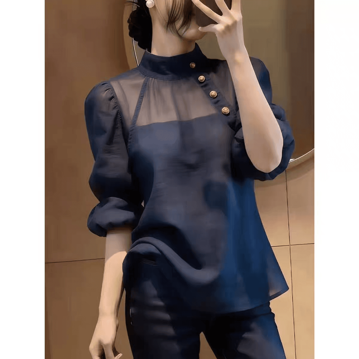 한 부서 출퇴근 바람 거품 소매 패치워크 망사 맨위 2026 여름 새로운 블루 색상 스탠드 칼라 중간 소매 셔츠 이미지 3