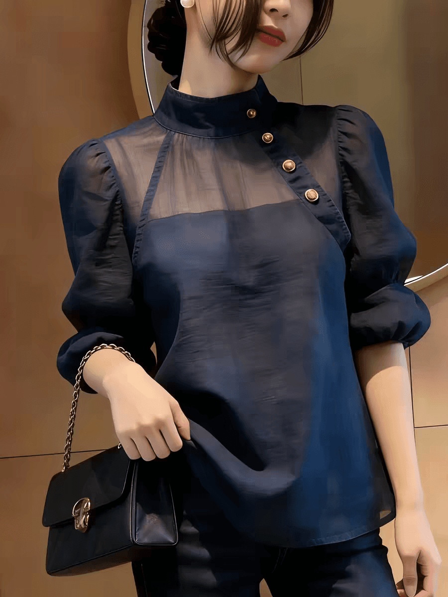 한 부서 출퇴근 바람 거품 소매 패치워크 망사 맨위 2026 여름 새로운 블루 색상 스탠드 칼라 중간 소매 셔츠 상세 이미지 2