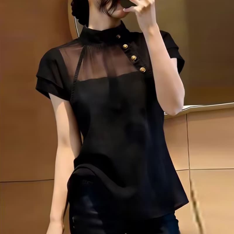 파란색 라운드 넥 거즈 통기성 반팔 프랑스식 부드러운 바람 품격 슬림해 보이는 일상 출퇴근 다용도 맨위 여성 여름 상세 이미지 6