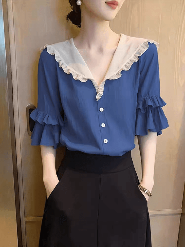 프릴 반팔 셔츠 Chic 여성 의류 여름 2026 새로운 파란색 아름다운 맨위 작은 셔츠 상세 이미지 2