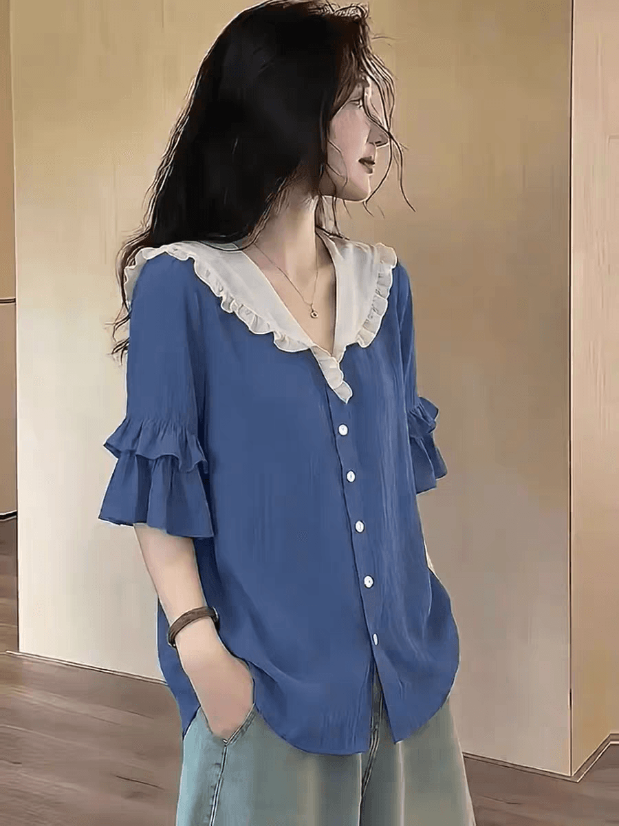 프릴 반팔 셔츠 Chic 여성 의류 여름 2026 새로운 파란색 아름다운 맨위 작은 셔츠 상세 이미지 8