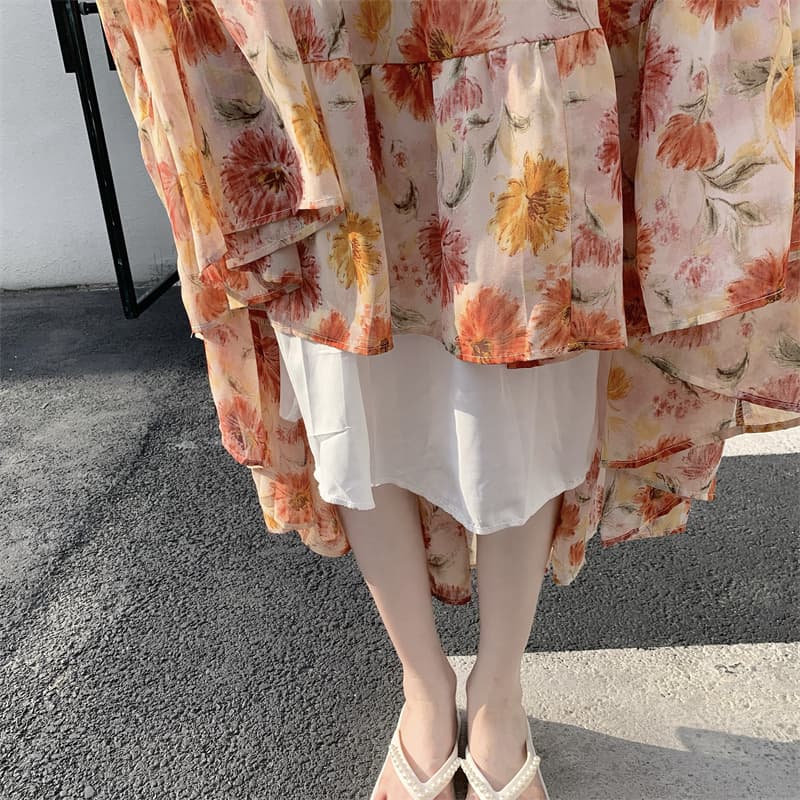 모델 실사 휴가 바람 프린트 A라인 스커트 요정 쉬폰 스커트 다용도 부드러운 바람 큰 진자 반신 롱 스커트 상세 이미지 9