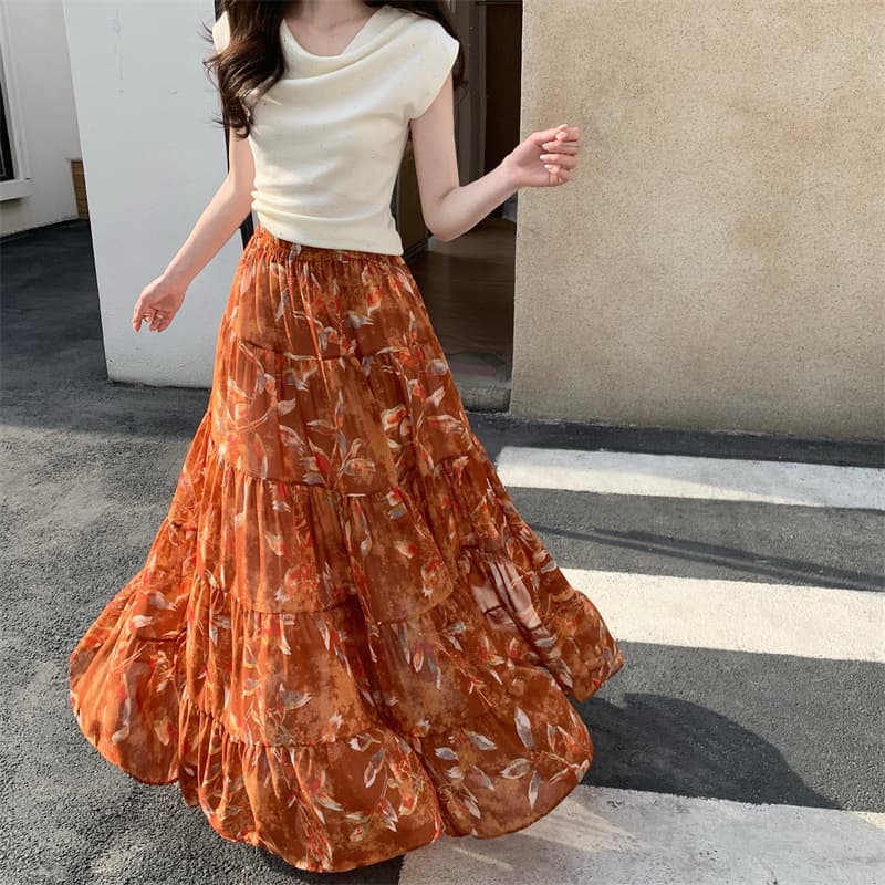모델 실사 휴가 느슨함 바람 우아한 꽃무늬 쉬폰 스커트 다중 레이어 패치워크 롱 코트 큰 진자 반신 스커트 상세 이미지 3