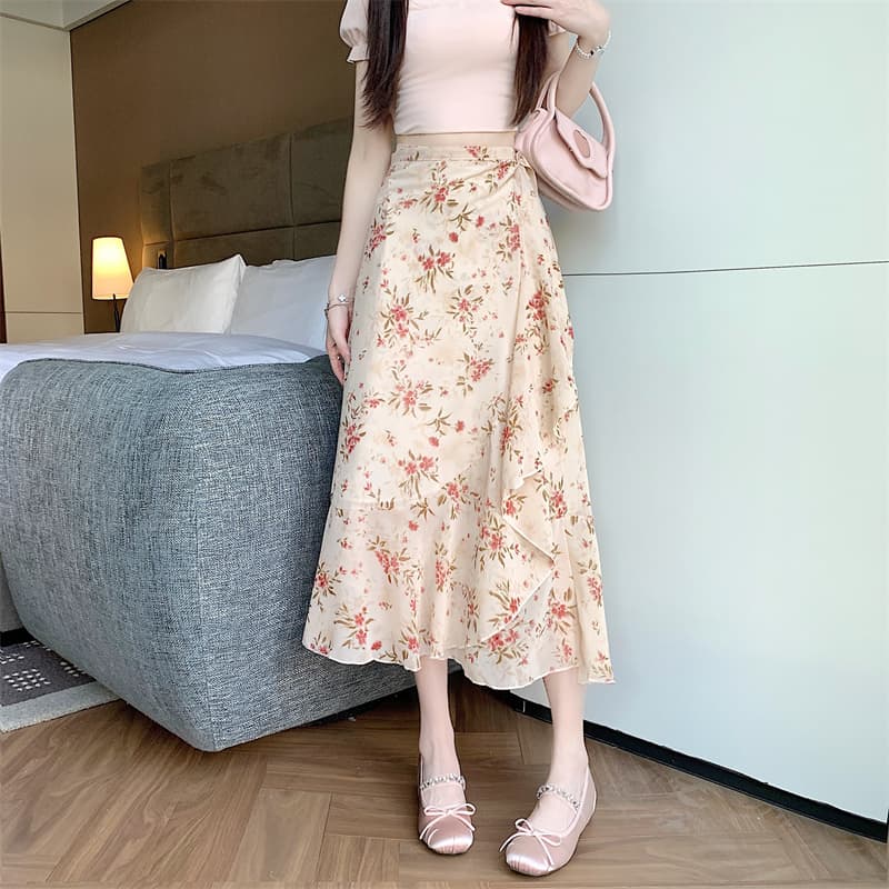 실사 부드러운 꽃무늬 쉬폰 반신 스커트 하나 슬라이스 불규칙 앞치마 레이스업 프릴 반신 스커트 상세 이미지 1