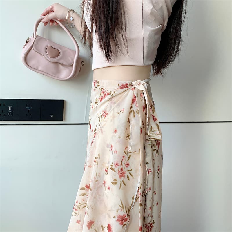 실사 부드러운 꽃무늬 쉬폰 반신 스커트 하나 슬라이스 불규칙 앞치마 레이스업 프릴 반신 스커트 상세 이미지 5