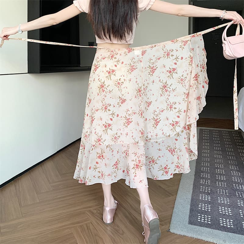 실사 부드러운 꽃무늬 쉬폰 반신 스커트 하나 슬라이스 불규칙 앞치마 레이스업 프릴 반신 스커트 상세 이미지 9