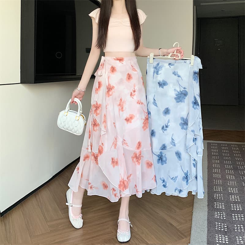 모델 실사 여름 차가운 쉬폰 반신 스커트 하나 슬라이스 프릴 앞치마 휴가 여행 해변 드레스 이미지 2