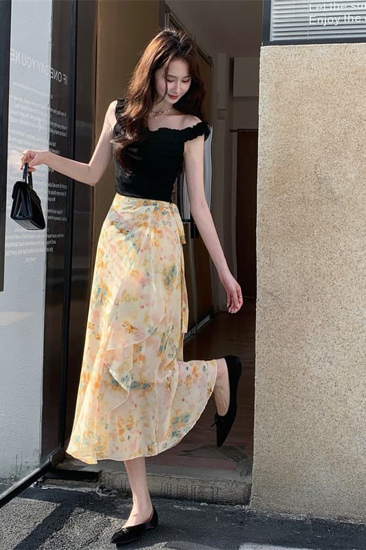 모델 실사 여름 부드러운 바람 꽃무늬 쉬폰 반신 스커트 하나 슬라이스 프릴 앞치마 해변 드레스 이미지 7
