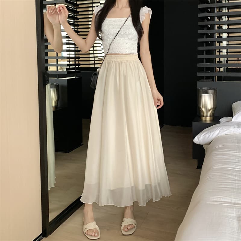 모델 실사 여름 다용도 단색 요정 치마 주간 실크 A라인 스커트 빛 그리고 얇은 큰 진자 반신 롱 스커트 상세 이미지 2