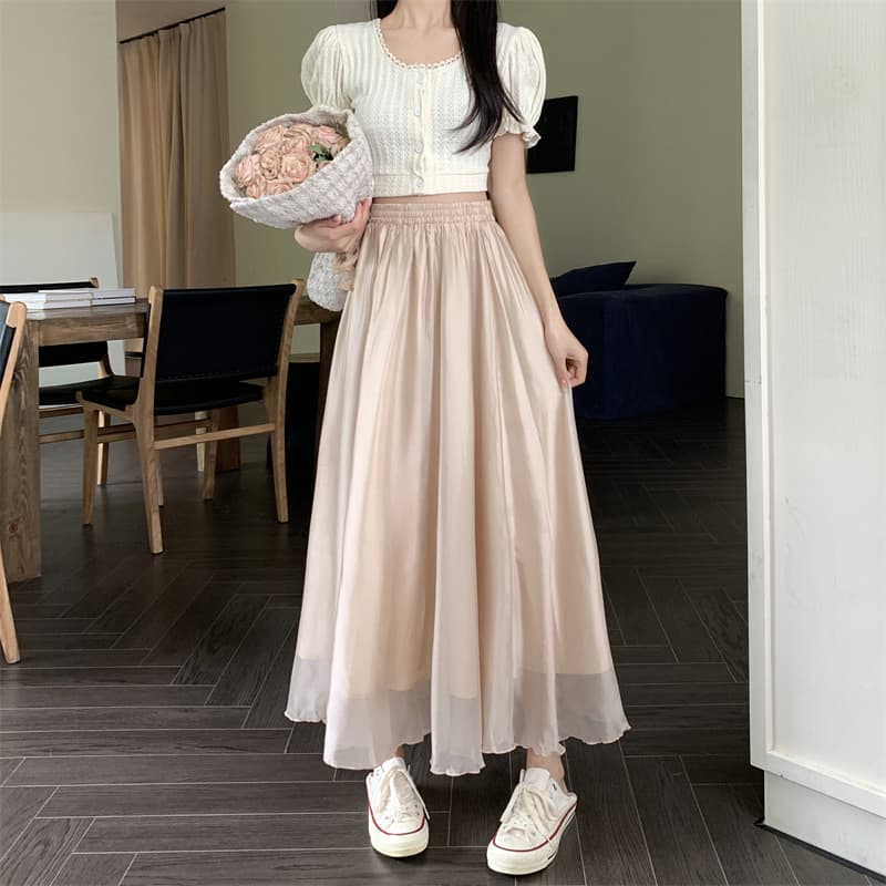 모델 실사 여름 다용도 단색 요정 치마 주간 실크 A라인 스커트 빛 그리고 얇은 큰 진자 반신 롱 스커트 상세 이미지 12