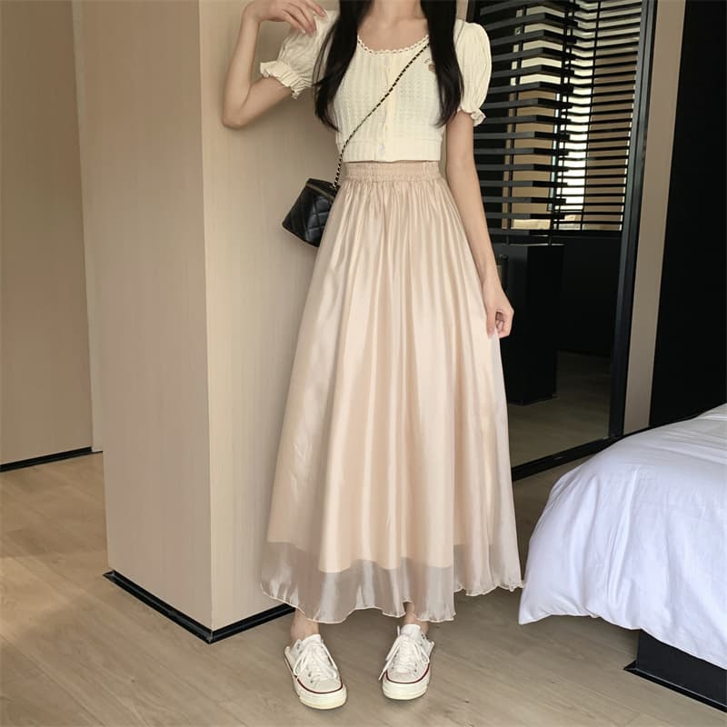 모델 실사 여름 다용도 단색 요정 치마 주간 실크 A라인 스커트 빛 그리고 얇은 큰 진자 반신 롱 스커트 상세 이미지 16
