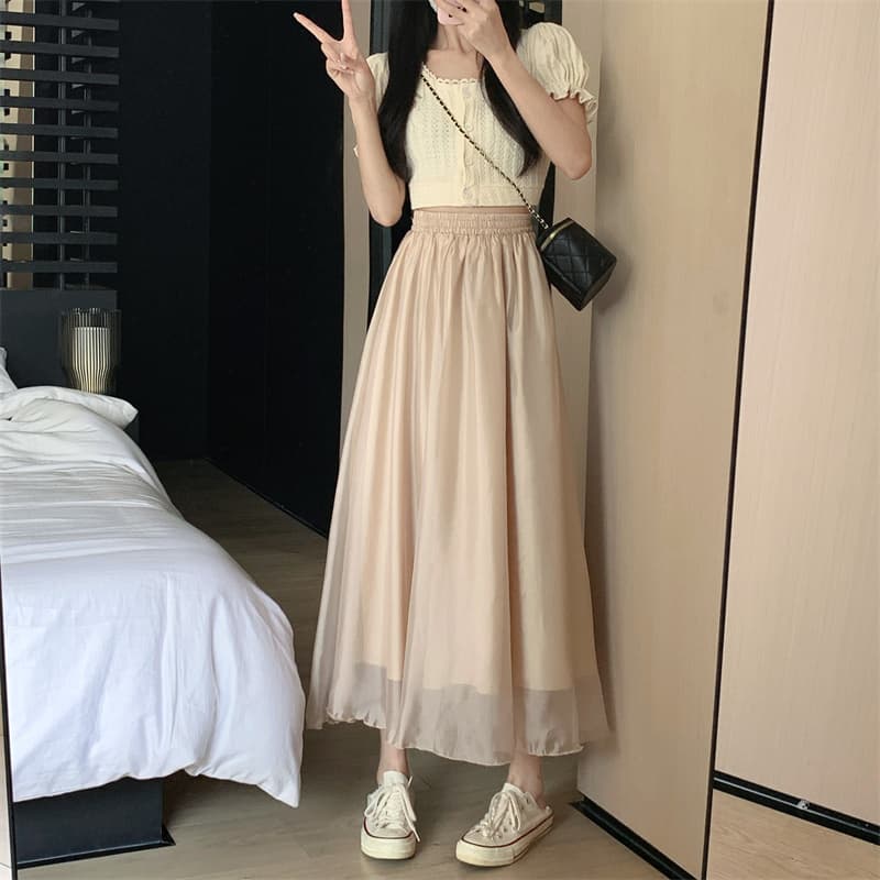 모델 실사 여름 다용도 단색 요정 치마 주간 실크 A라인 스커트 빛 그리고 얇은 큰 진자 반신 롱 스커트 상세 이미지 17
